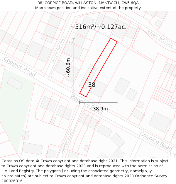 38, COPPICE ROAD, WILLASTON, NANTWICH, CW5 6QA: Plot and title map