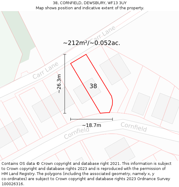 38, CORNFIELD, DEWSBURY, WF13 3UY: Plot and title map