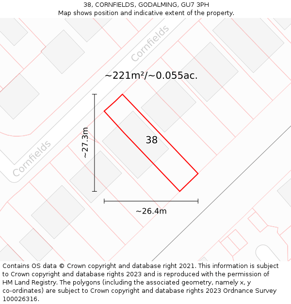 38, CORNFIELDS, GODALMING, GU7 3PH: Plot and title map