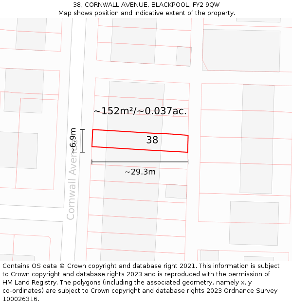 38, CORNWALL AVENUE, BLACKPOOL, FY2 9QW: Plot and title map