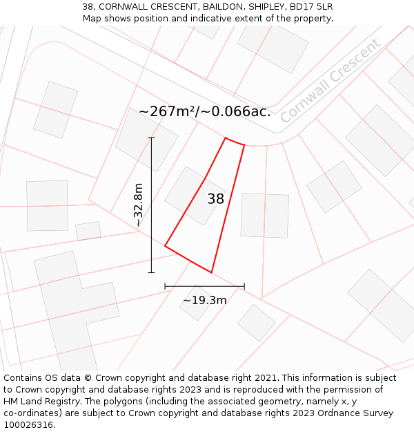 38, CORNWALL CRESCENT, BAILDON, SHIPLEY, BD17 5LR: Plot and title map