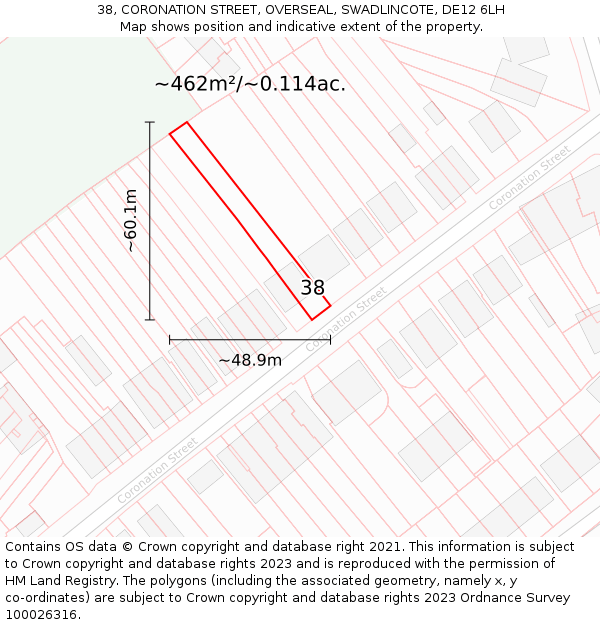 38, CORONATION STREET, OVERSEAL, SWADLINCOTE, DE12 6LH: Plot and title map