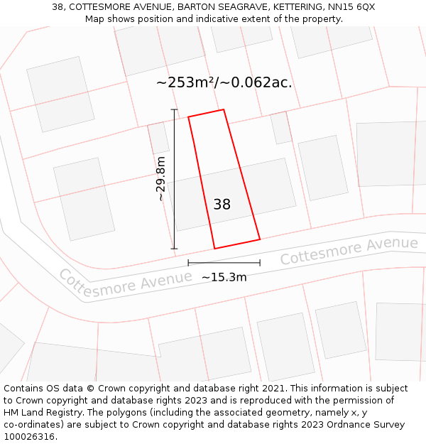 38, COTTESMORE AVENUE, BARTON SEAGRAVE, KETTERING, NN15 6QX: Plot and title map