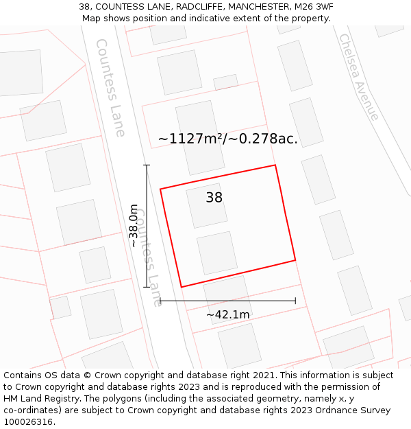 38, COUNTESS LANE, RADCLIFFE, MANCHESTER, M26 3WF: Plot and title map