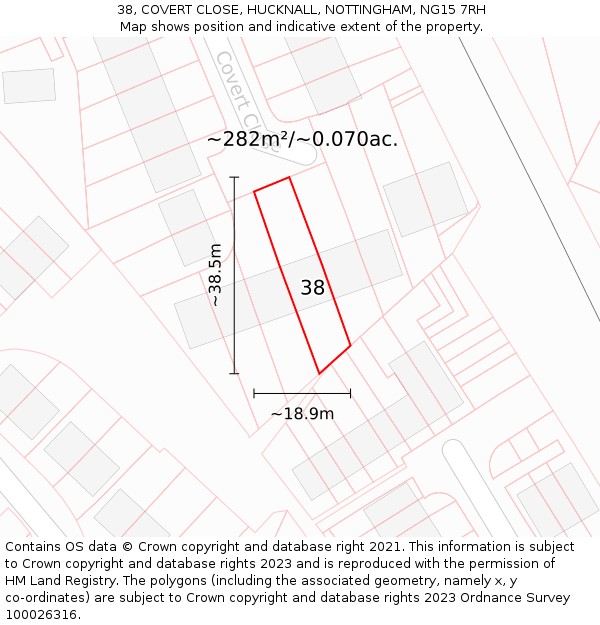38, COVERT CLOSE, HUCKNALL, NOTTINGHAM, NG15 7RH: Plot and title map