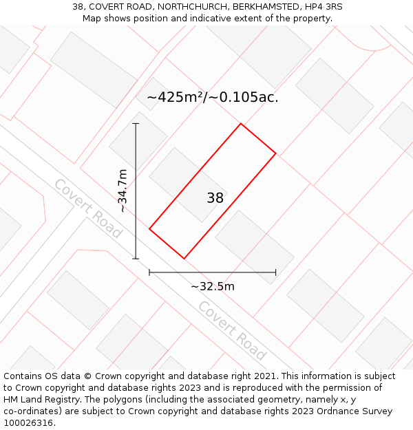 38, COVERT ROAD, NORTHCHURCH, BERKHAMSTED, HP4 3RS: Plot and title map