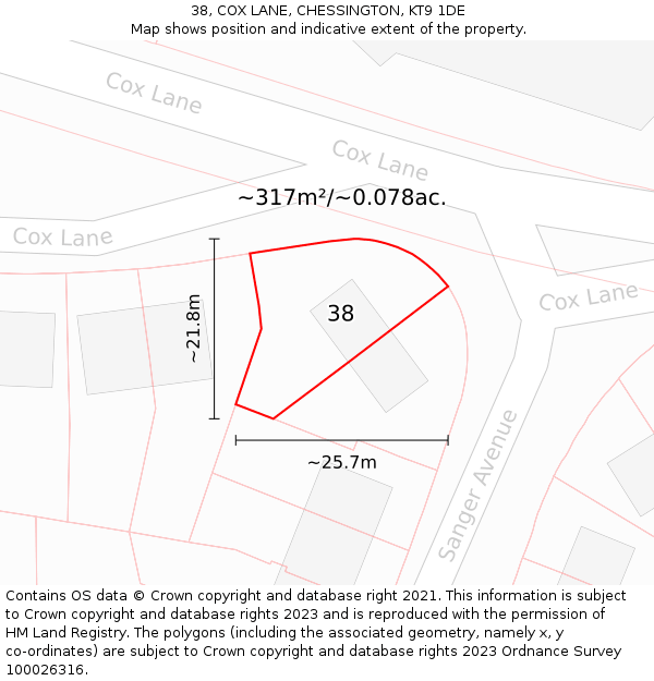 38, COX LANE, CHESSINGTON, KT9 1DE: Plot and title map