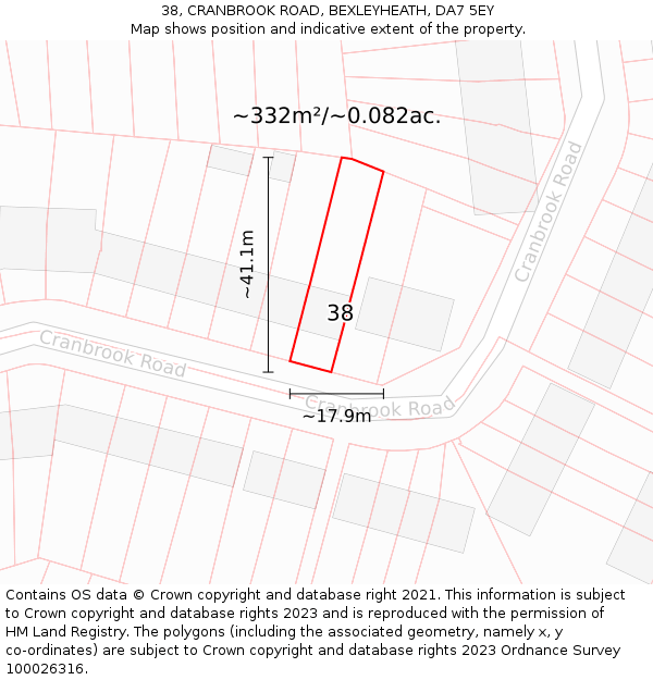 38, CRANBROOK ROAD, BEXLEYHEATH, DA7 5EY: Plot and title map