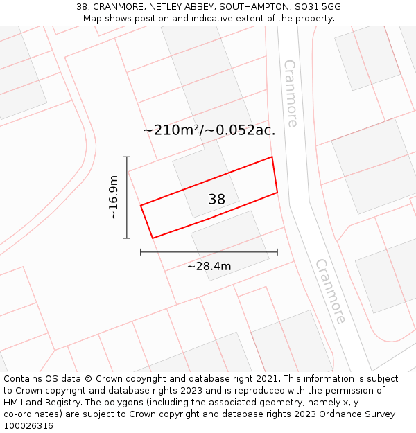 38, CRANMORE, NETLEY ABBEY, SOUTHAMPTON, SO31 5GG: Plot and title map