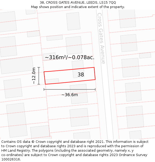 38, CROSS GATES AVENUE, LEEDS, LS15 7QQ: Plot and title map