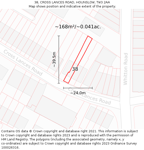 38, CROSS LANCES ROAD, HOUNSLOW, TW3 2AA: Plot and title map