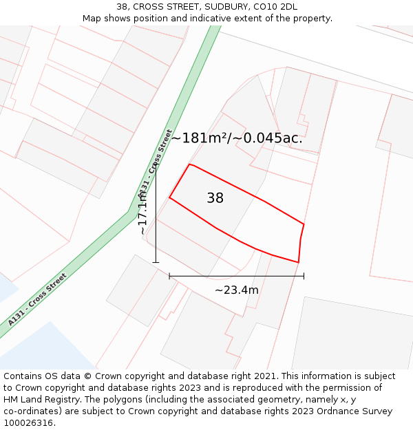 38, CROSS STREET, SUDBURY, CO10 2DL: Plot and title map