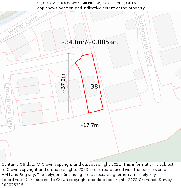 38, CROSSBROOK WAY, MILNROW, ROCHDALE, OL16 3HD: Plot and title map
