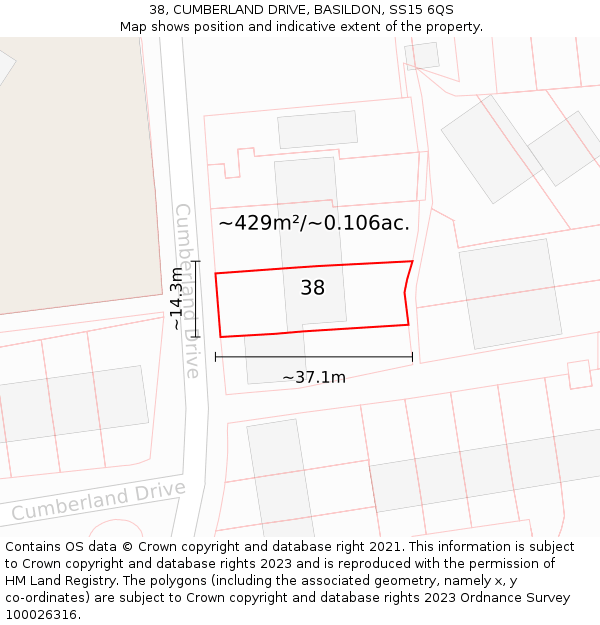 38, CUMBERLAND DRIVE, BASILDON, SS15 6QS: Plot and title map