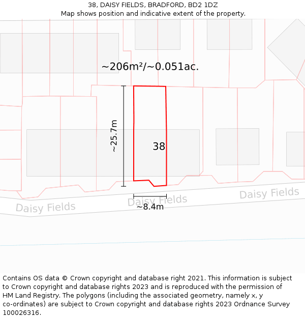 38, DAISY FIELDS, BRADFORD, BD2 1DZ: Plot and title map