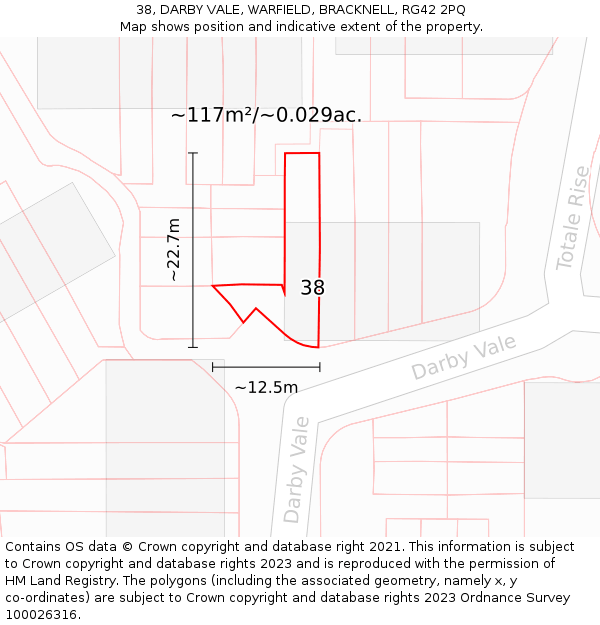38, DARBY VALE, WARFIELD, BRACKNELL, RG42 2PQ: Plot and title map