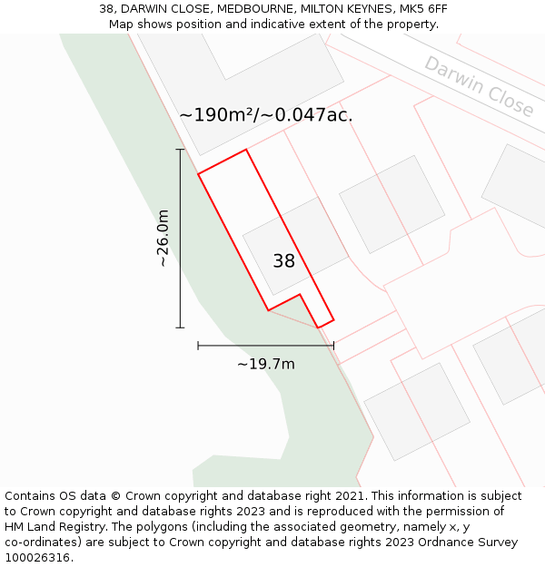 38, DARWIN CLOSE, MEDBOURNE, MILTON KEYNES, MK5 6FF: Plot and title map