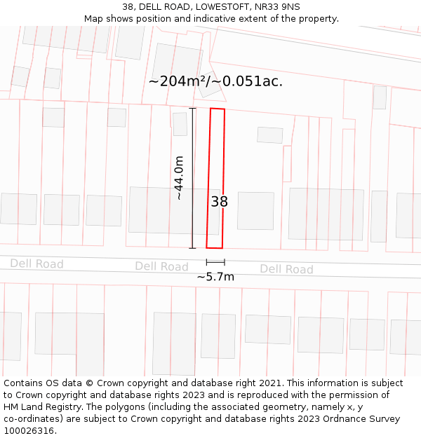 38, DELL ROAD, LOWESTOFT, NR33 9NS: Plot and title map