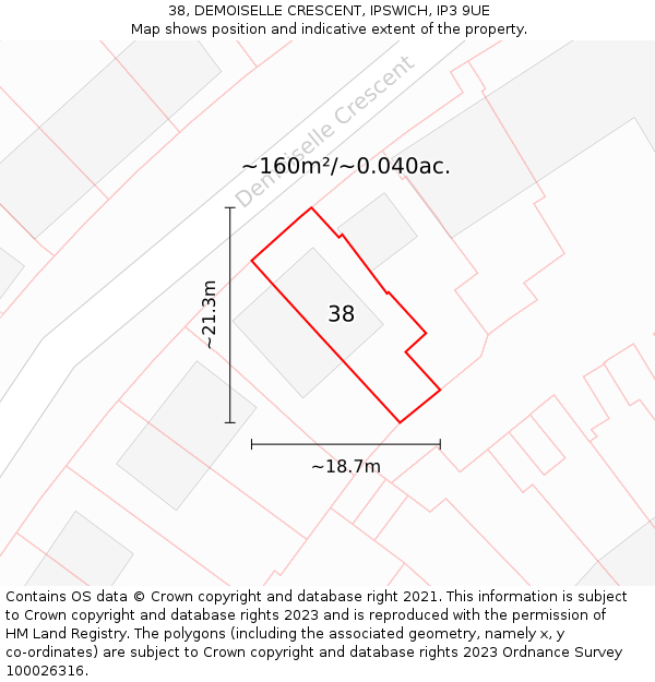38, DEMOISELLE CRESCENT, IPSWICH, IP3 9UE: Plot and title map
