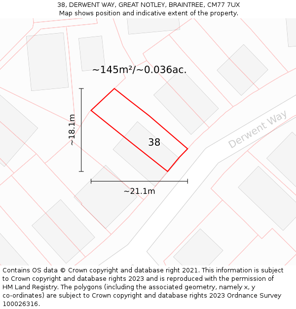 38, DERWENT WAY, GREAT NOTLEY, BRAINTREE, CM77 7UX: Plot and title map