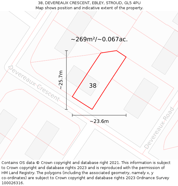 38, DEVEREAUX CRESCENT, EBLEY, STROUD, GL5 4PU: Plot and title map