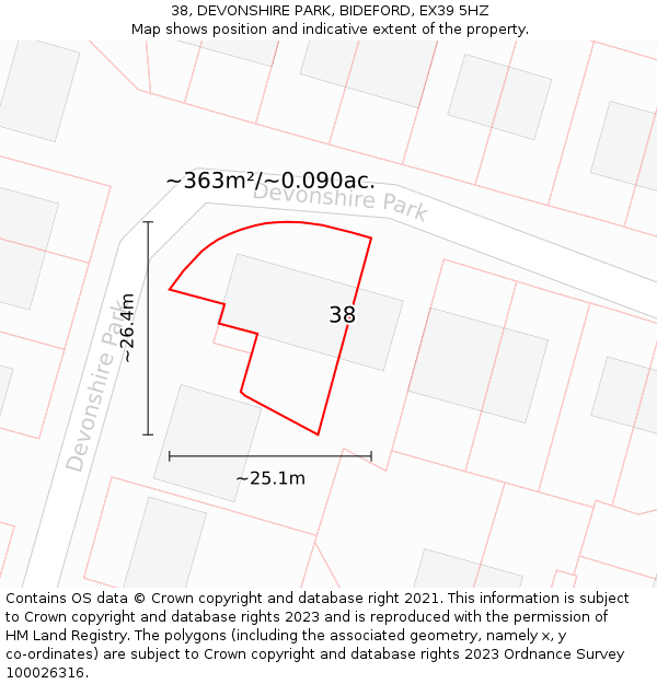 38, DEVONSHIRE PARK, BIDEFORD, EX39 5HZ: Plot and title map