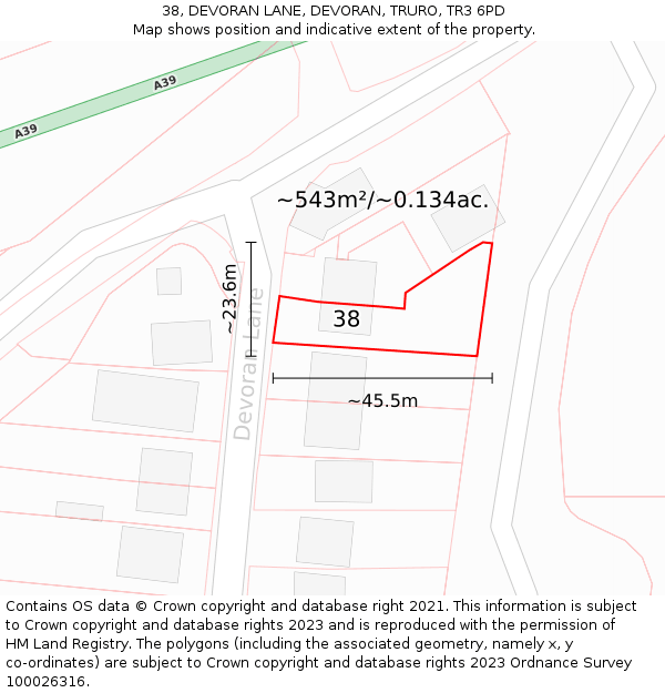 38, DEVORAN LANE, DEVORAN, TRURO, TR3 6PD: Plot and title map