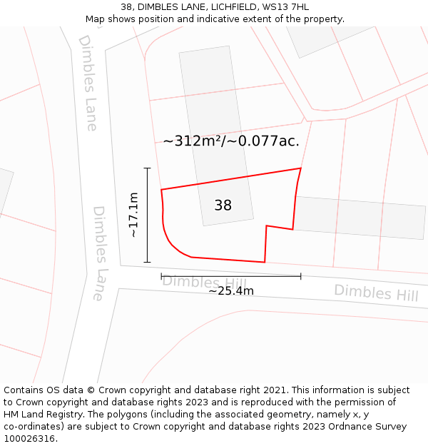 38, DIMBLES LANE, LICHFIELD, WS13 7HL: Plot and title map