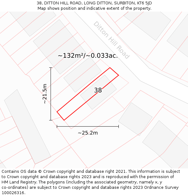 38, DITTON HILL ROAD, LONG DITTON, SURBITON, KT6 5JD: Plot and title map