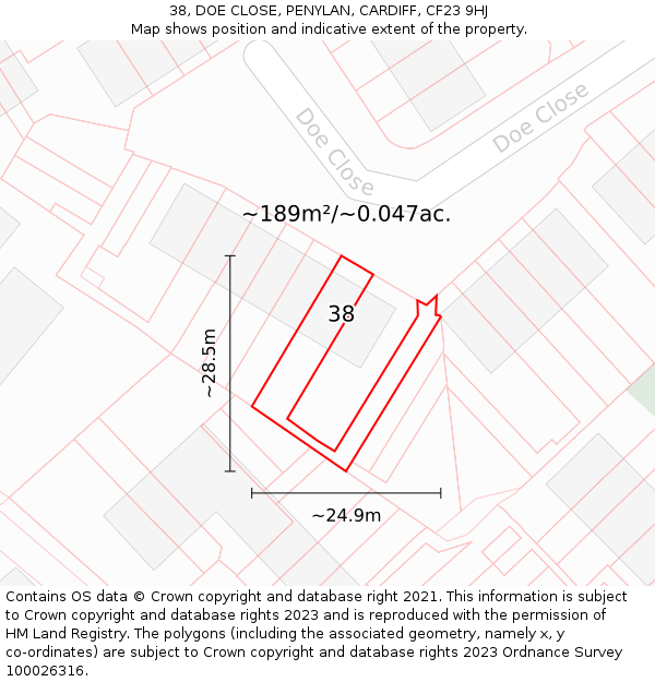 38, DOE CLOSE, PENYLAN, CARDIFF, CF23 9HJ: Plot and title map