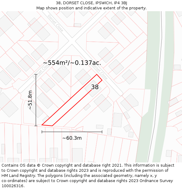 38, DORSET CLOSE, IPSWICH, IP4 3BJ: Plot and title map