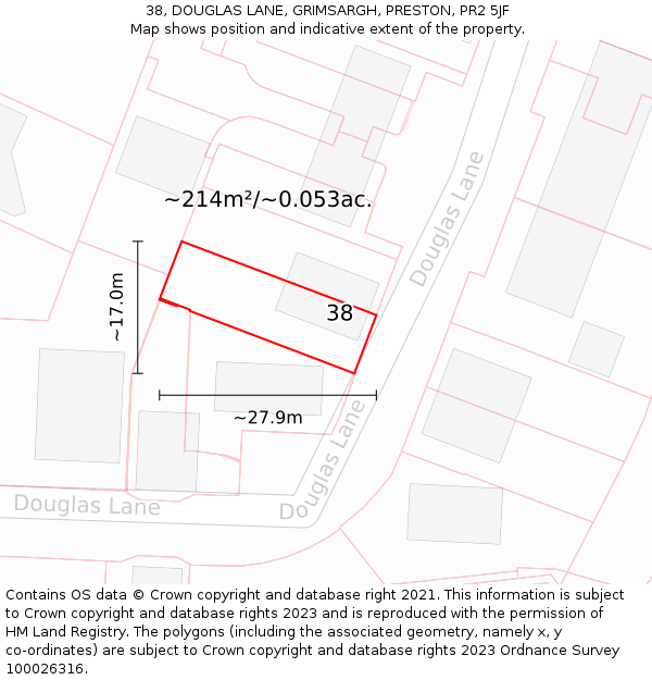 38, DOUGLAS LANE, GRIMSARGH, PRESTON, PR2 5JF: Plot and title map