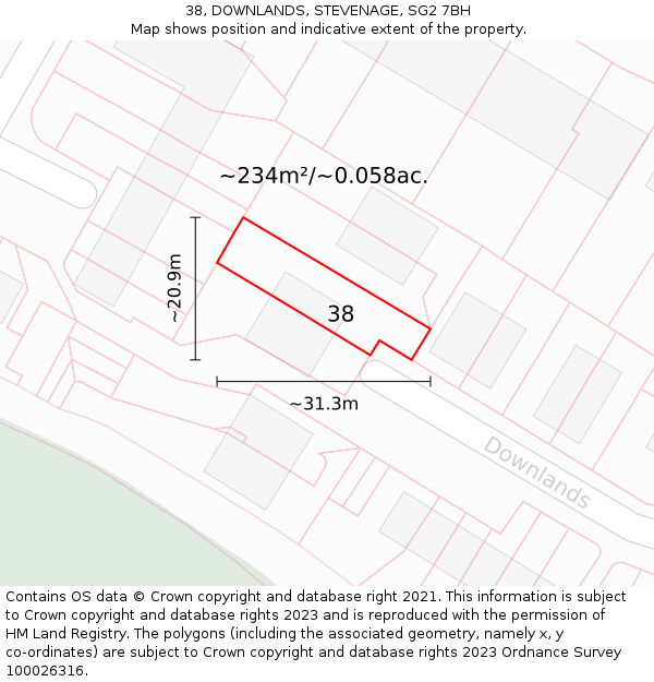 38, DOWNLANDS, STEVENAGE, SG2 7BH: Plot and title map