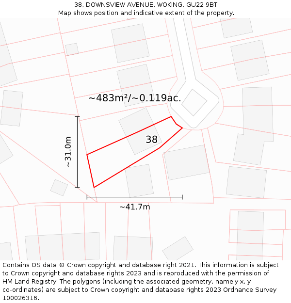 38, DOWNSVIEW AVENUE, WOKING, GU22 9BT: Plot and title map