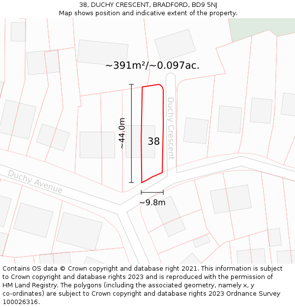38, DUCHY CRESCENT, BRADFORD, BD9 5NJ: Plot and title map