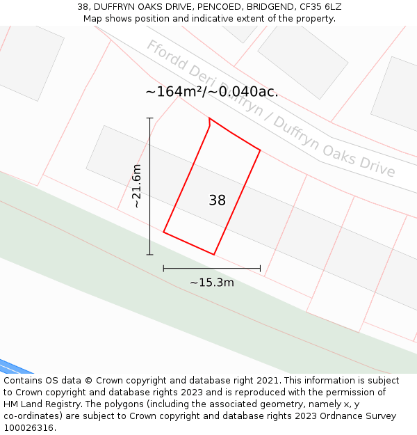 38, DUFFRYN OAKS DRIVE, PENCOED, BRIDGEND, CF35 6LZ: Plot and title map