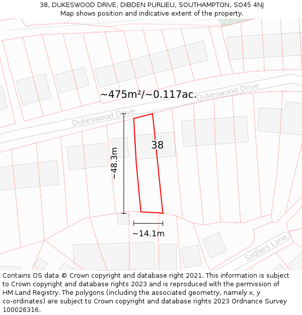 38, DUKESWOOD DRIVE, DIBDEN PURLIEU, SOUTHAMPTON, SO45 4NJ: Plot and title map