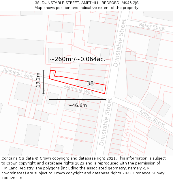 38, DUNSTABLE STREET, AMPTHILL, BEDFORD, MK45 2JS: Plot and title map