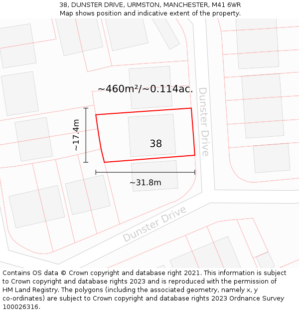 38, DUNSTER DRIVE, URMSTON, MANCHESTER, M41 6WR: Plot and title map