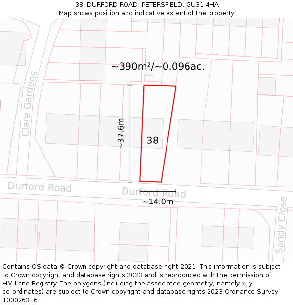 38, DURFORD ROAD, PETERSFIELD, GU31 4HA: Plot and title map