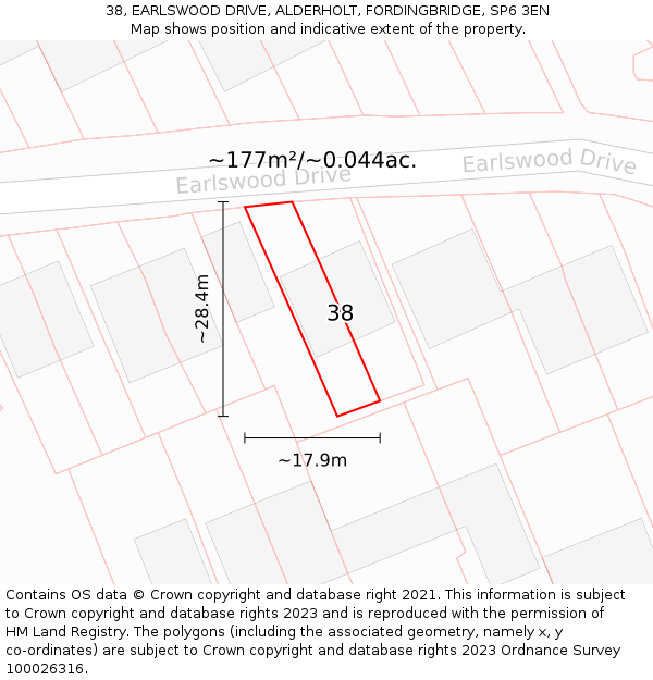 38, EARLSWOOD DRIVE, ALDERHOLT, FORDINGBRIDGE, SP6 3EN: Plot and title map
