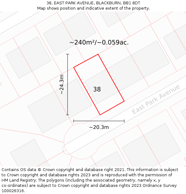 38, EAST PARK AVENUE, BLACKBURN, BB1 8DT: Plot and title map