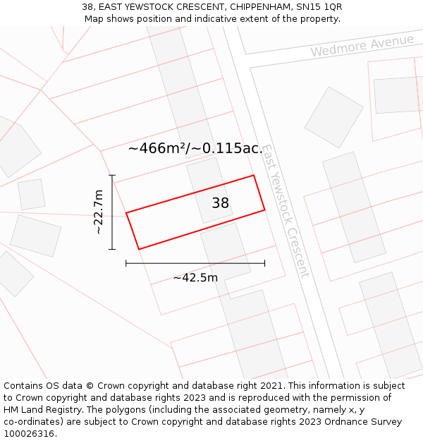 38, EAST YEWSTOCK CRESCENT, CHIPPENHAM, SN15 1QR: Plot and title map
