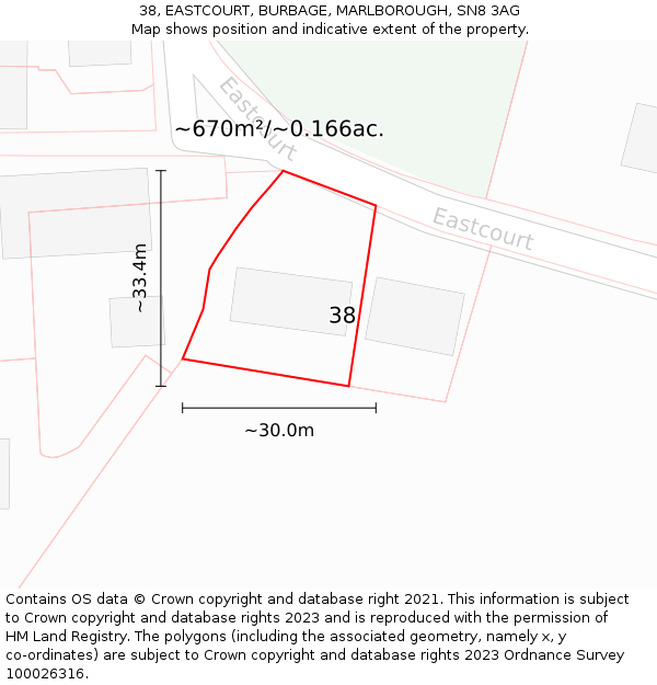 38, EASTCOURT, BURBAGE, MARLBOROUGH, SN8 3AG: Plot and title map