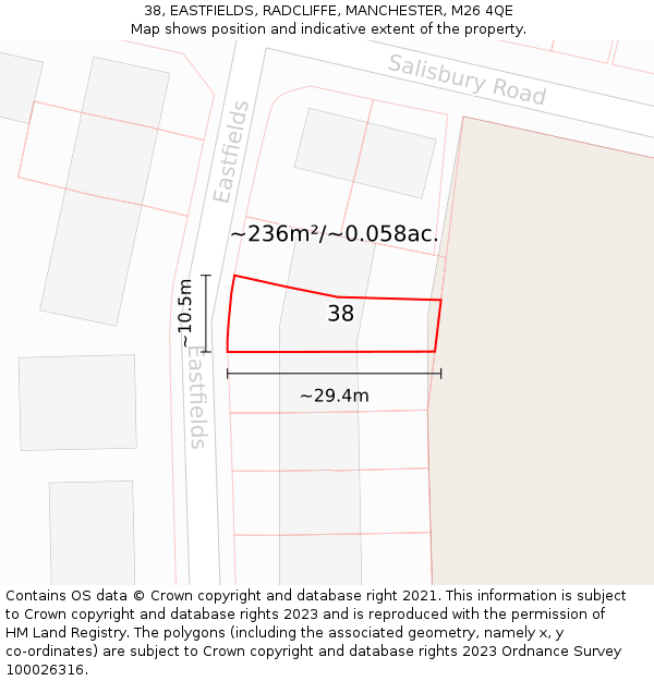 38, EASTFIELDS, RADCLIFFE, MANCHESTER, M26 4QE: Plot and title map