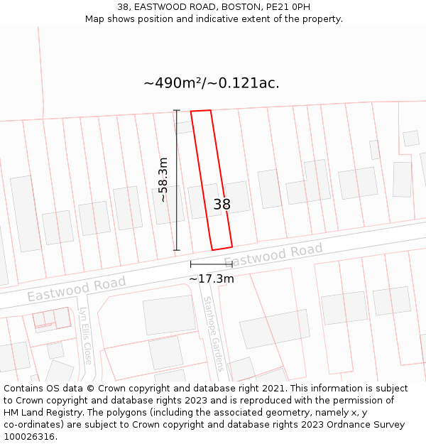 38, EASTWOOD ROAD, BOSTON, PE21 0PH: Plot and title map