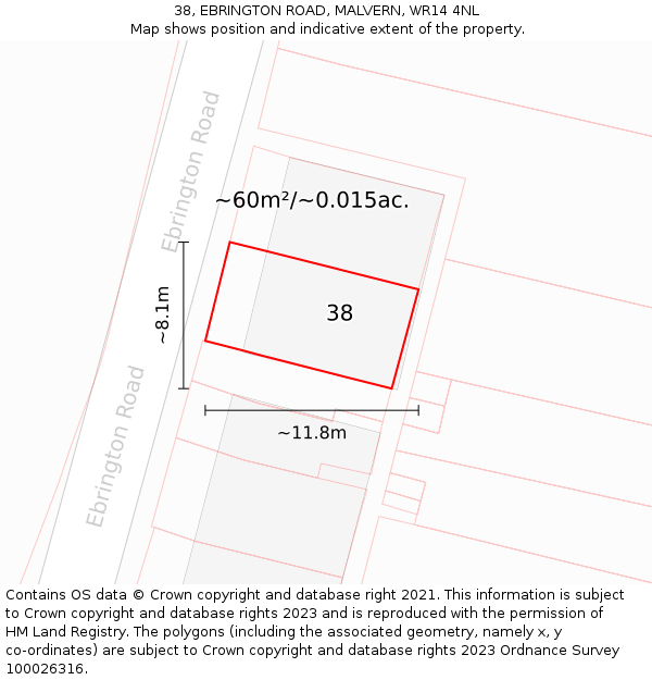 38, EBRINGTON ROAD, MALVERN, WR14 4NL: Plot and title map