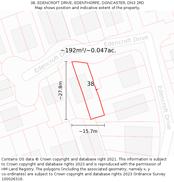 38, EDENCROFT DRIVE, EDENTHORPE, DONCASTER, DN3 2RD: Plot and title map