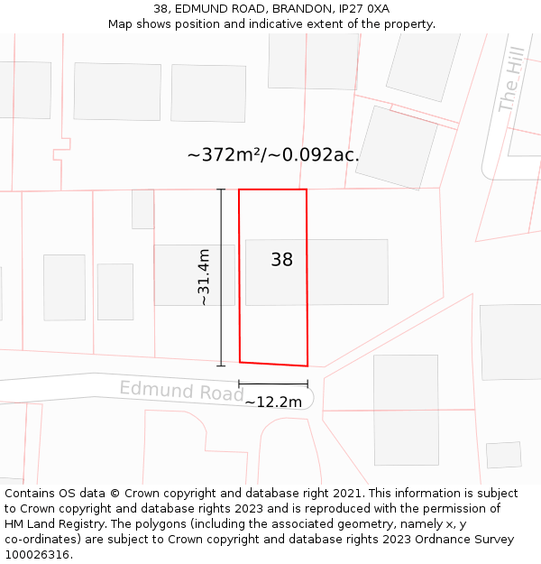 38, EDMUND ROAD, BRANDON, IP27 0XA: Plot and title map