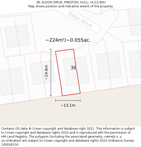 38, ELDON DRIVE, PRESTON, HULL, HU12 8XH: Plot and title map